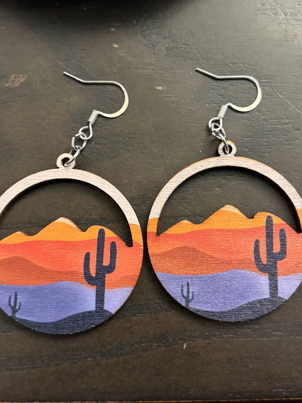 Hand-Painted Desert Sunset Wooden Drop Earrings - Orange & Purple